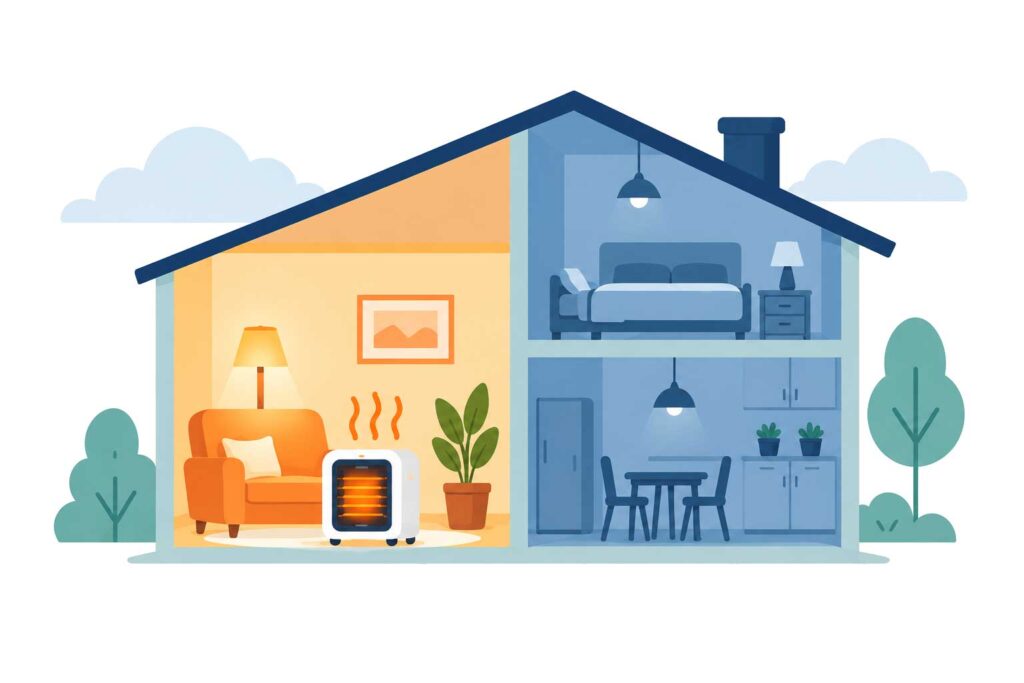 Vivienda con un calentador portátil calentando únicamente la sala utilizada
