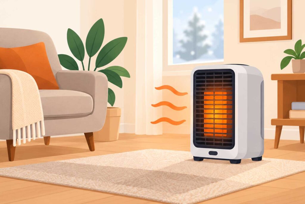 Calentador portátil encendido en una sala acogedora durante el invierno
