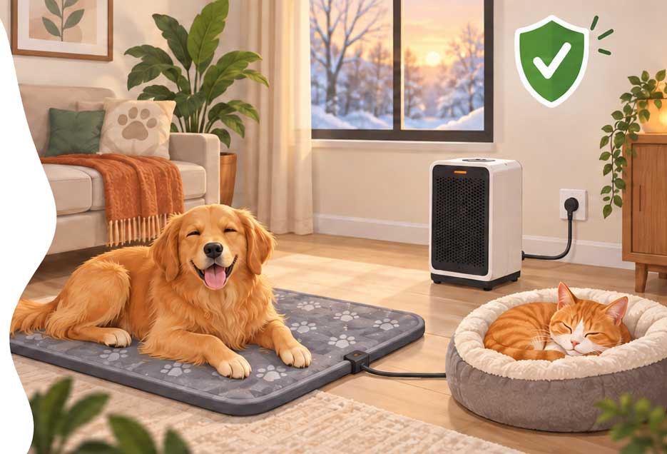 Perro y gato disfrutando de calefacción segura mediante una almohadilla térmica y un calentador portátil durante el invierno