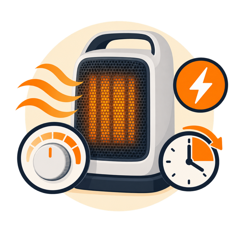 Calentador portátil con termostato y temporizador para controlar el consumo energético