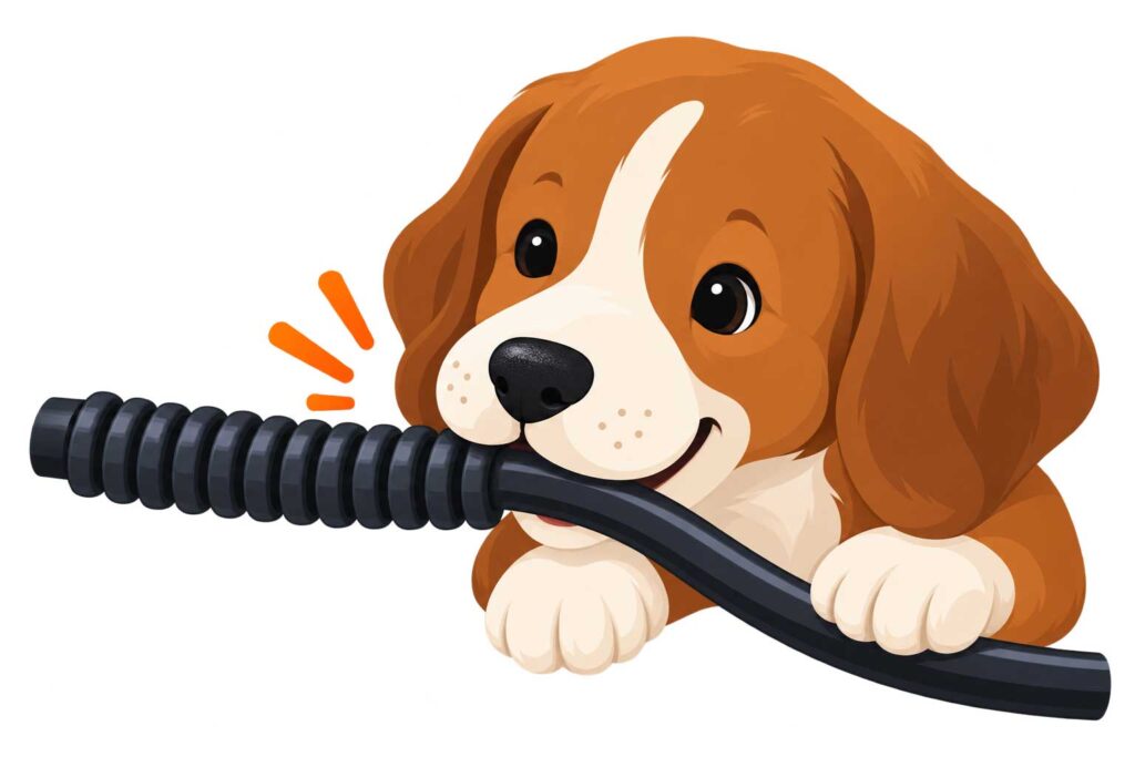 Cachorro junto a un cable eléctrico protegido y resistente a mordidas