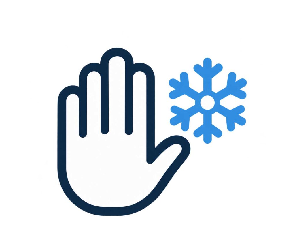 Icono de mano y copo de nieve que representa una carcasa fría al tacto