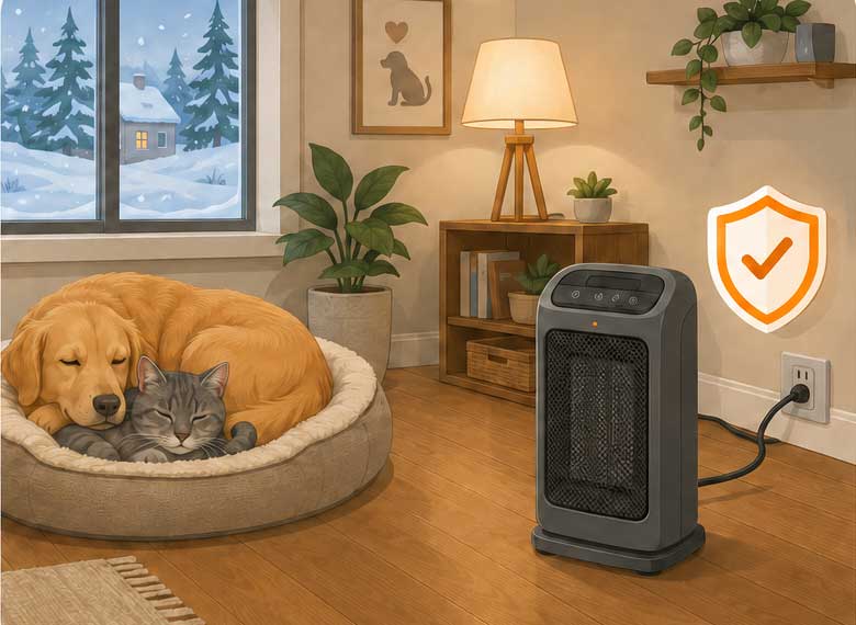Perro y gato descansando a una distancia segura de un calentador portátil durante el invierno
