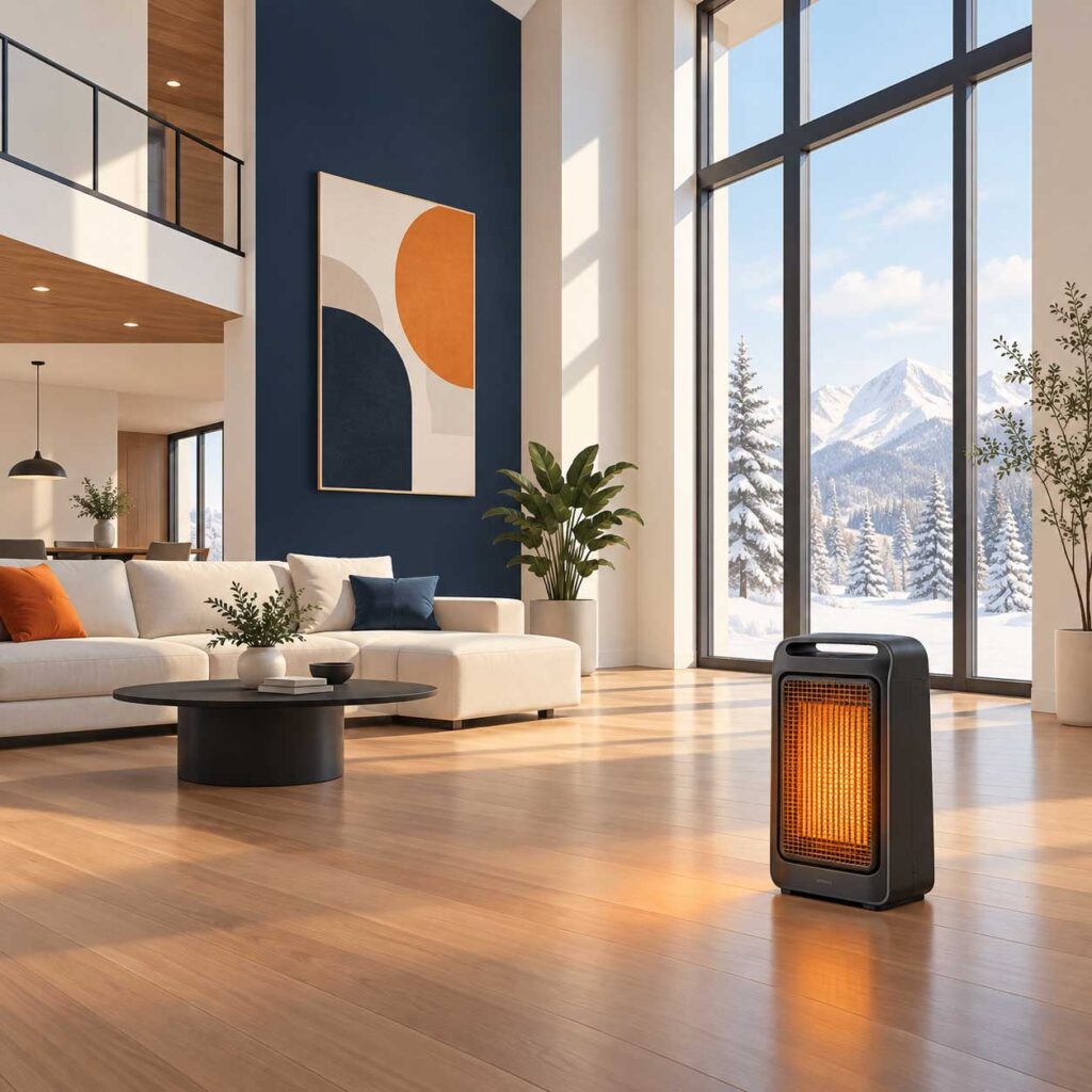 Calentador portátil utilizado en una habitación amplia con techo alto