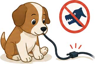 Cachorro mordiendo el cable eléctrico de un calentador portátil