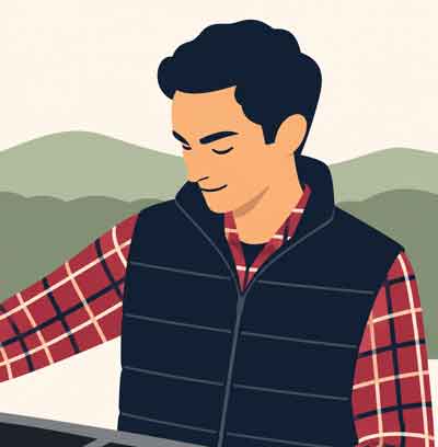 Hombre con chaleco negro y camisa de cuadros rojos junto a una parrilla