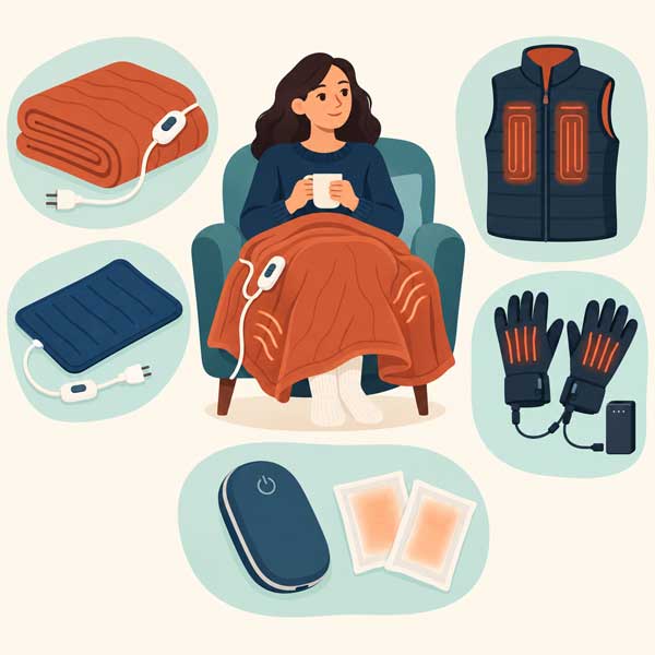 Persona con manta eléctrica rodeada de una almohadilla, un chaleco y guantes calefactables, y calentadores de manos recargables y químicos.