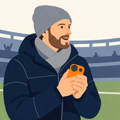 Hombre con gorro gris y abrigo azul sosteniendo un calentador de manos naranja en un estadio.