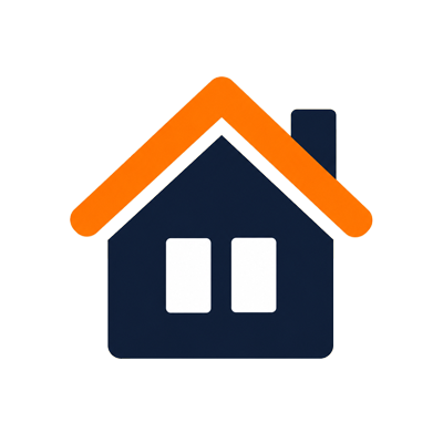 Casa azul oscuro con tejado naranja.