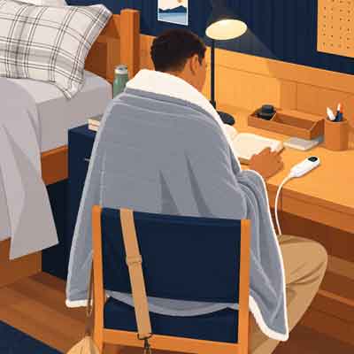 Hombre leyendo en un escritorio con una manta eléctrica gris sobre los hombros y el control sobre la mesa