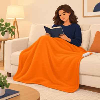 Mujer leyendo en un sofá con una manta eléctrica naranja sobre las piernas y el control a su lado.