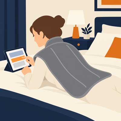 Mujer usando una tableta sobre la cama con una almohadilla de calefacción gris sobre la espalda