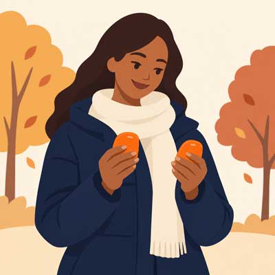 Mujer con abrigo azul y bufanda crema sosteniendo dos calentadores de manos naranjas al aire libre.