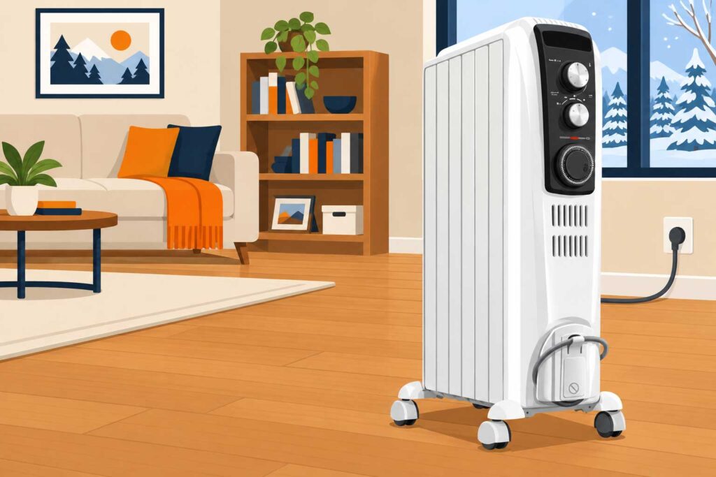 Radiador de aceite De’Longhi con controles mecánicos en una sala